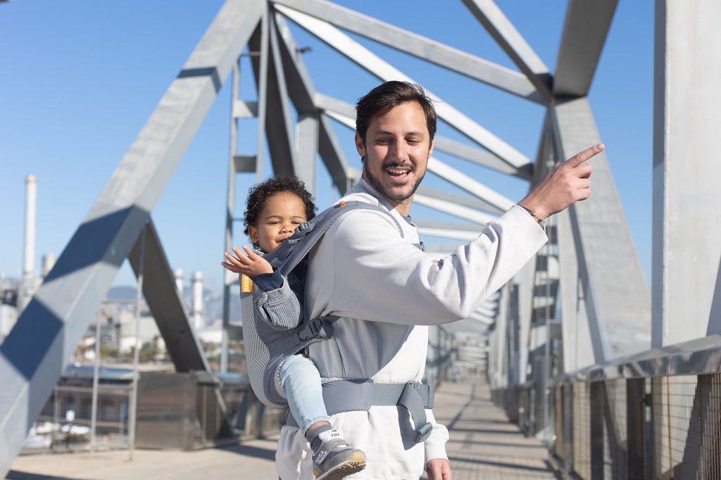 Beco Gemini Cool Mesh Baby Carrier Dark Grey - shown with baby in the back carry position